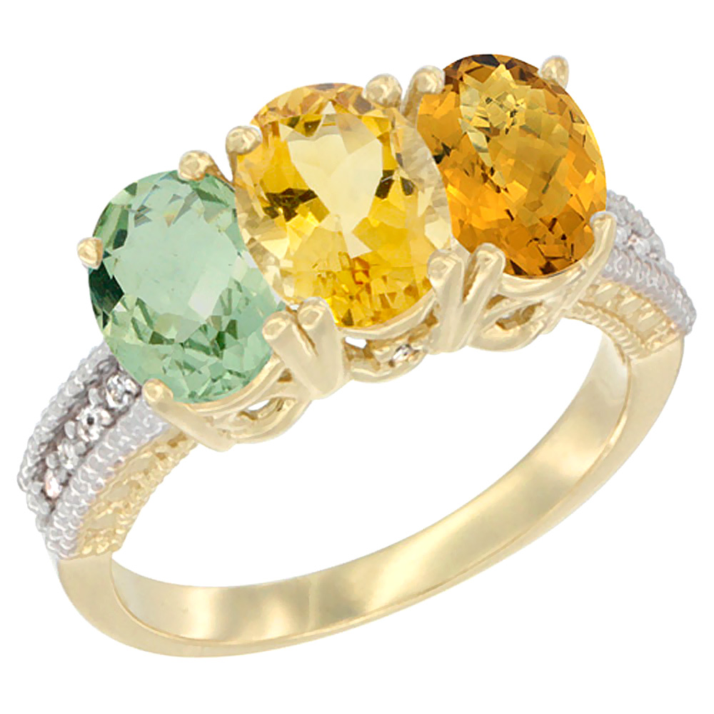 Sabrina Silver 14K Yellow Gold Natural Green Amethyst, Citrine & Whisky Quartz Ring 3-Stone 7x5 mm Oval Diamond Accent, sizes 5 - 10