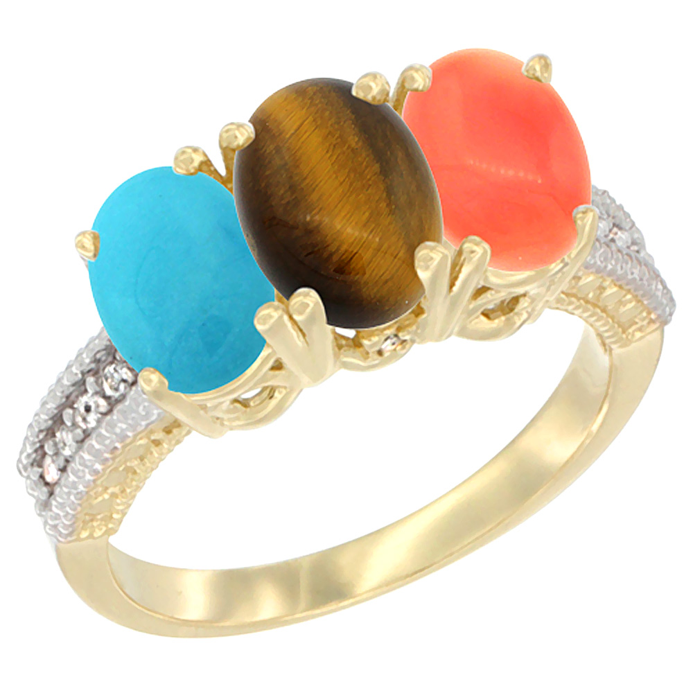 Sabrina Silver 10K Yellow Gold Diamond Natural Turquoise, Tiger Eye & Coral Ring 3-Stone 7x5 mm Oval, sizes 5 - 10
