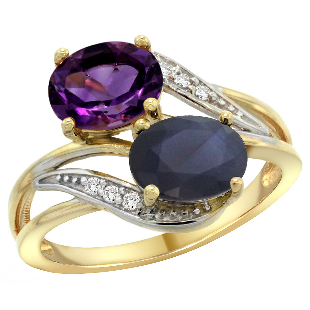 Sabrina Silver 10K Yellow Gold Diamond Natural Amethyst & Blue Sapphire 2-stone Ring Oval 8x6mm, sizes 5 - 10