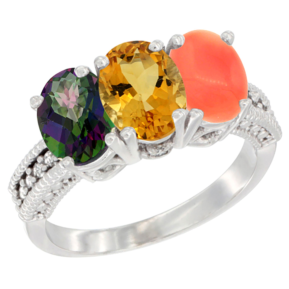 Sabrina Silver 14K White Gold Natural Mystic Topaz, Citrine & Coral Ring 3-Stone 7x5 mm Oval Diamond Accent, sizes 5 - 10