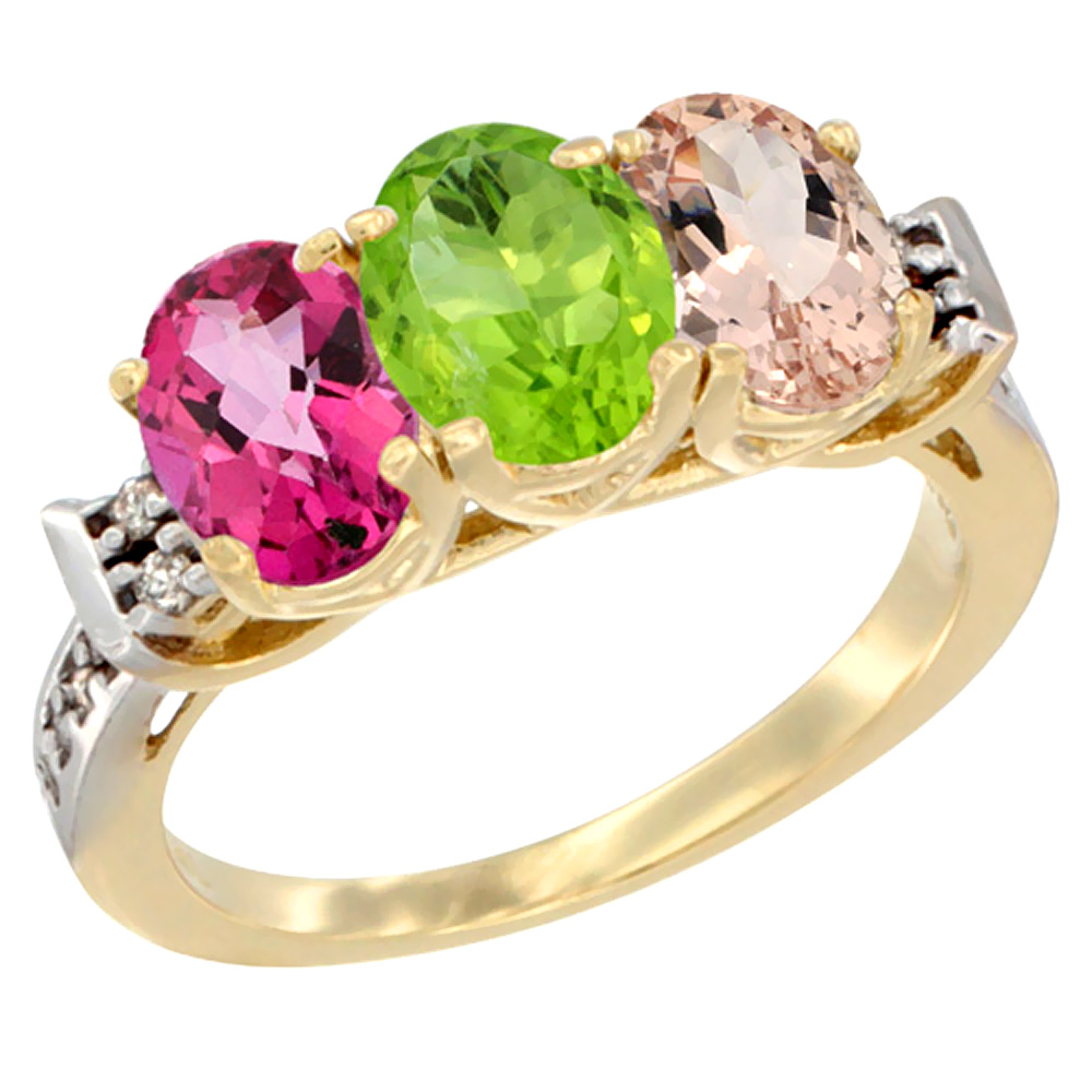 Sabrina Silver 14K Yellow Gold Natural Pink Topaz, Peridot & Morganite Ring 3-Stone 7x5 mm Oval Diamond Accent, sizes 5 - 10