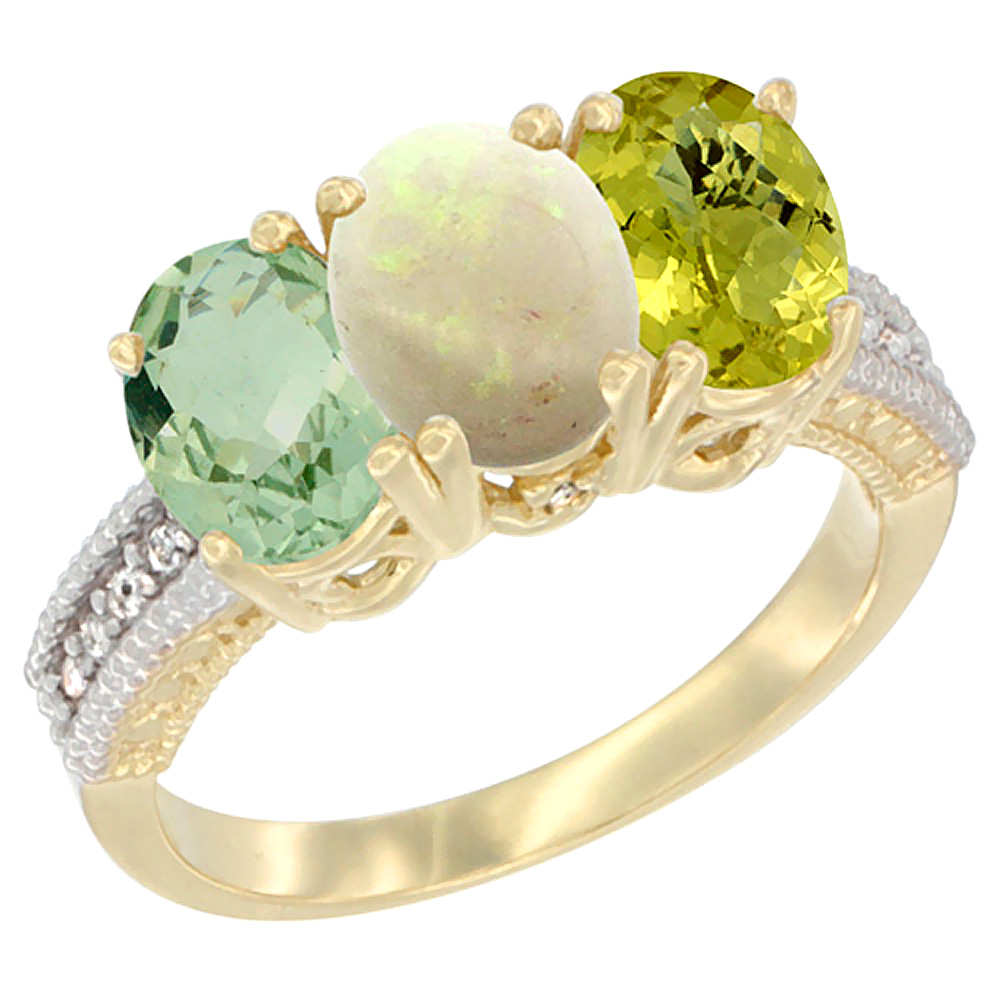 Sabrina Silver 14K Yellow Gold Natural Green Amethyst, Opal & Lemon Quartz Ring 3-Stone 7x5 mm Oval Diamond Accent, sizes 5 - 10