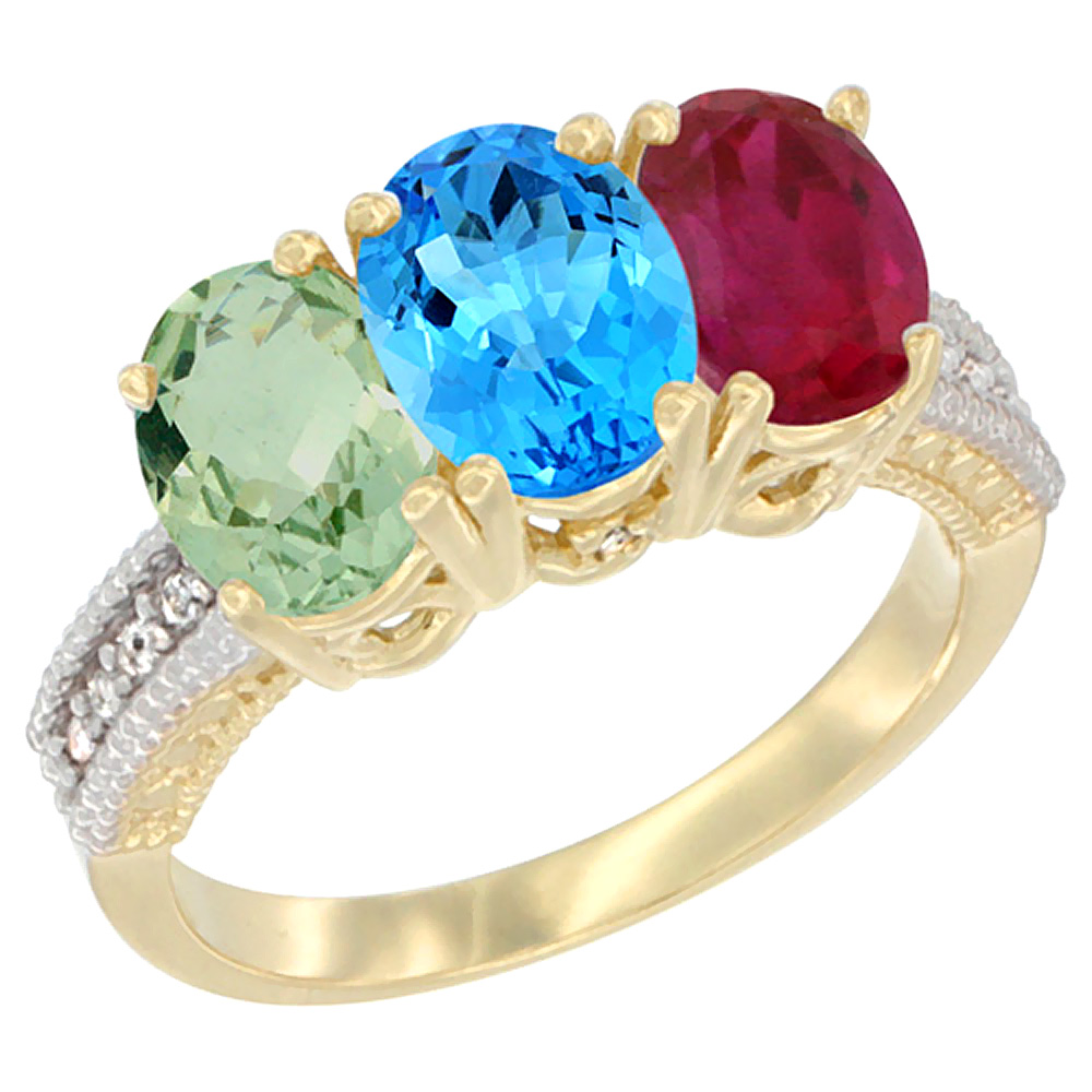 Sabrina Silver 14K Yellow Gold Natural Green Amethyst, Swiss Blue Topaz & Enhanced Ruby Ring 3-Stone 7x5 mm Oval Diamond Accent, sizes 5 - 10