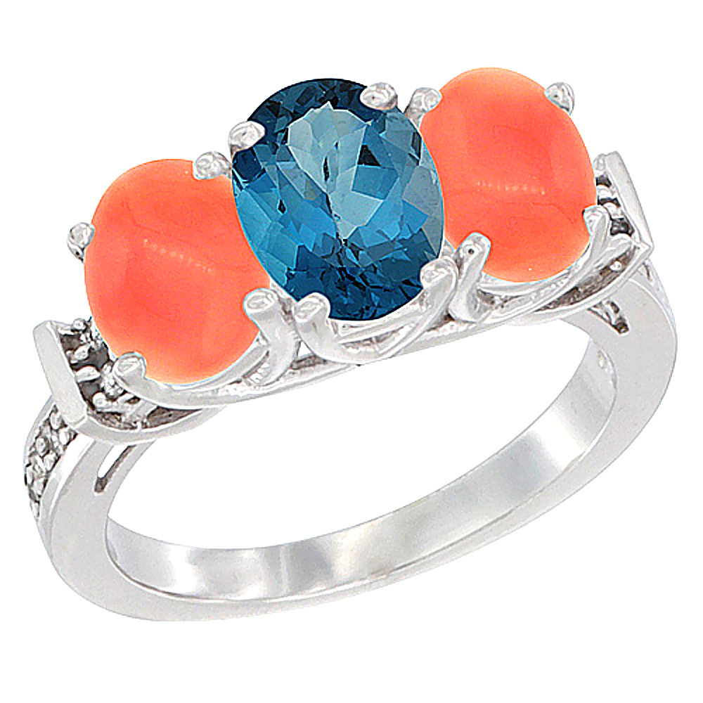 Sabrina Silver 14K White Gold Natural London Blue Topaz & Coral Sides Ring 3-Stone Oval Diamond Accent, sizes 5 - 10