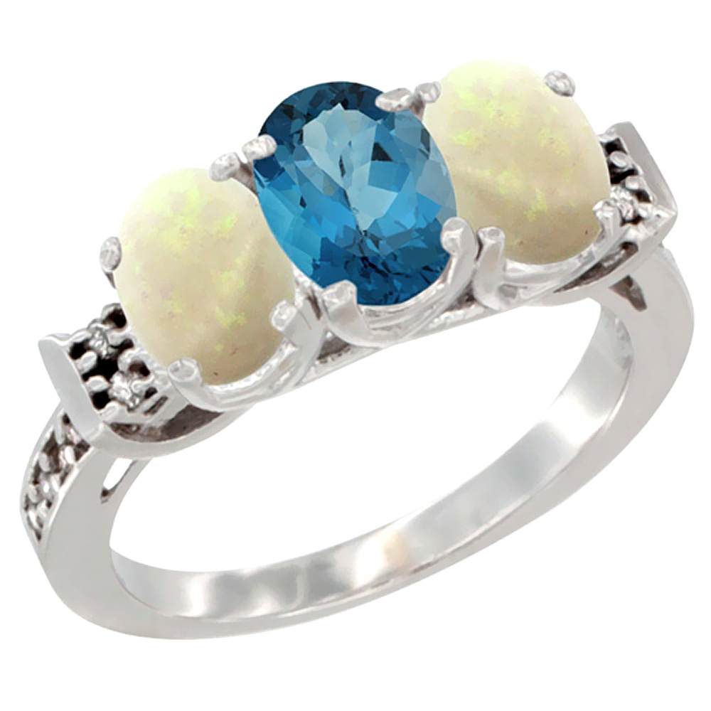 Sabrina Silver 10K White Gold Natural London Blue Topaz & Opal Sides Ring 3-Stone Oval 7x5 mm Diamond Accent, sizes 5 - 10
