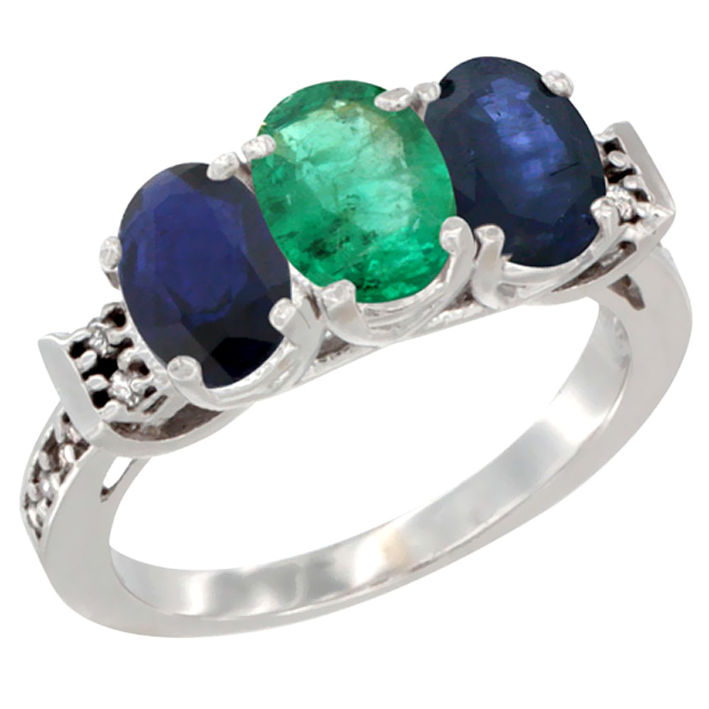 Sabrina Silver 14K White Gold Natural Emerald & Blue Sapphire Sides Ring 3-Stone Oval 7x5 mm Diamond Accent, sizes 5 - 10