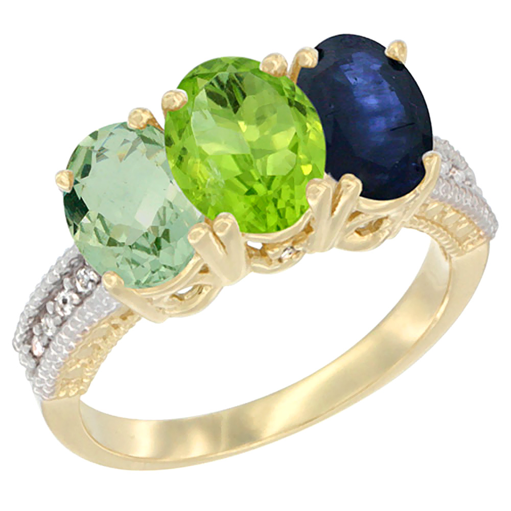 Sabrina Silver 10K Yellow Gold Diamond Natural Green Amethyst, Peridot & Blue Sapphire Ring 3-Stone Oval 7x5 mm, sizes 5 - 10