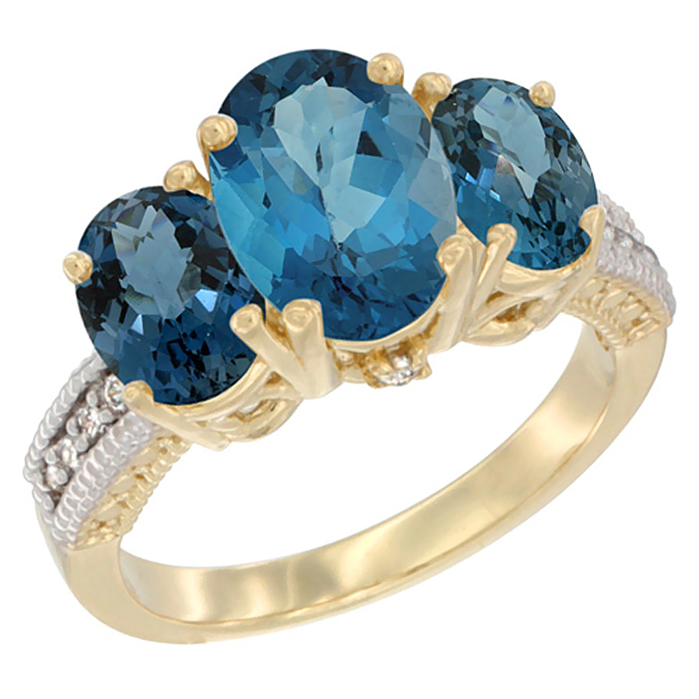 Sabrina Silver 14K Yellow Gold Diamond Natural London Blue Topaz Ring 3-Stone Oval 8x6mm, sizes5-10