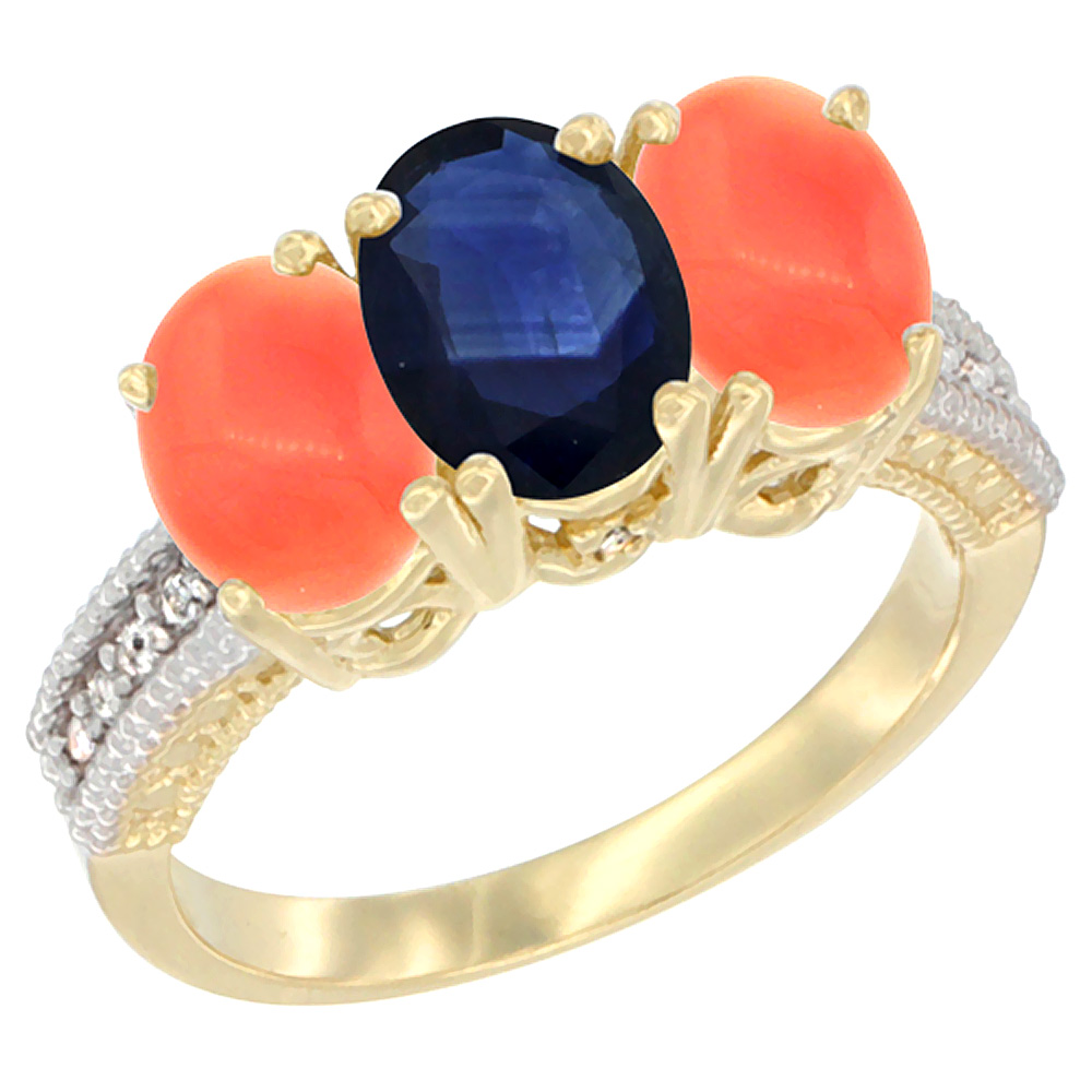 Sabrina Silver 14K Yellow Gold Natural Blue Sapphire Ring with Coral 3-Stone 7x5 mm Oval Diamond Accent, sizes 5 - 10