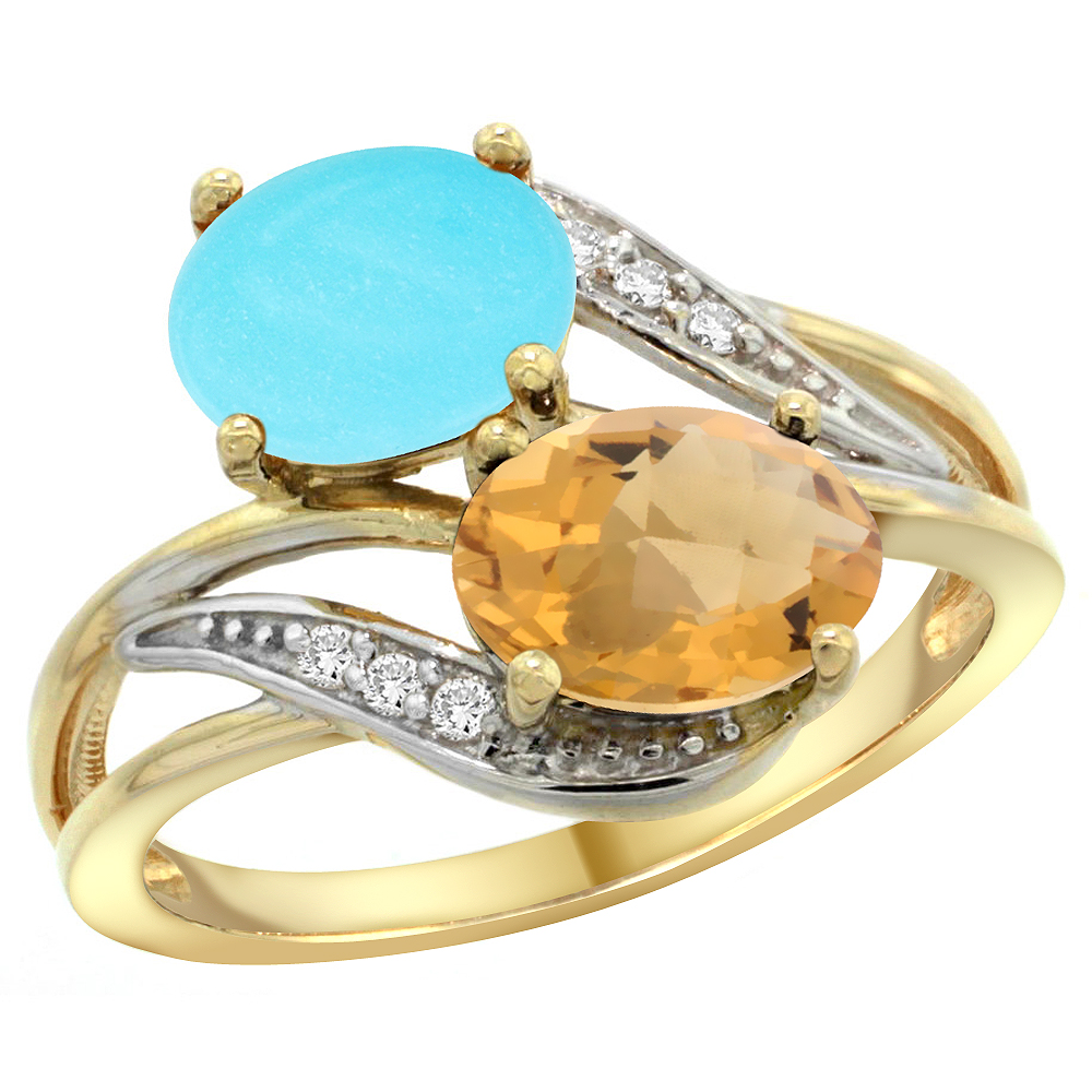 Sabrina Silver 10K Yellow Gold Diamond Natural Turquoise & Whisky Quartz 2-stone Ring Oval 8x6mm, sizes 5 - 10