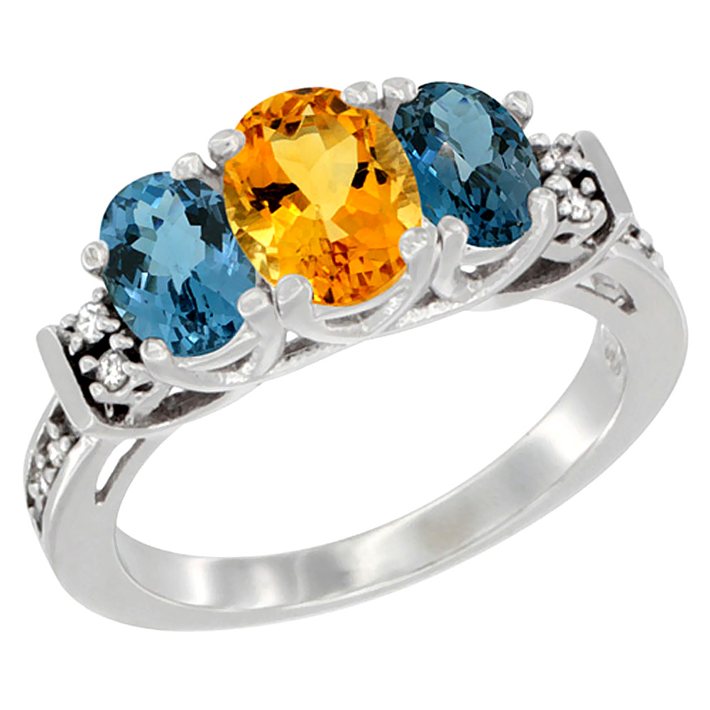 Sabrina Silver 10K White Gold Natural Citrine & London Blue Ring 3-Stone Oval Diamond Accent, sizes 5-10