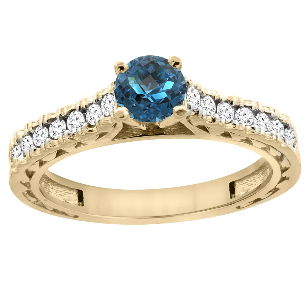 Sabrina Silver 14K Yellow Gold Natural London Blue Topaz Round 5mm Engraved Engagement Ring Diamond Accents, sizes 5 - 10