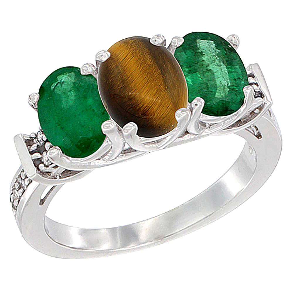 Sabrina Silver 14K White Gold Natural Tiger Eye & Emerald Sides Ring 3-Stone Oval Diamond Accent, sizes 5 - 10