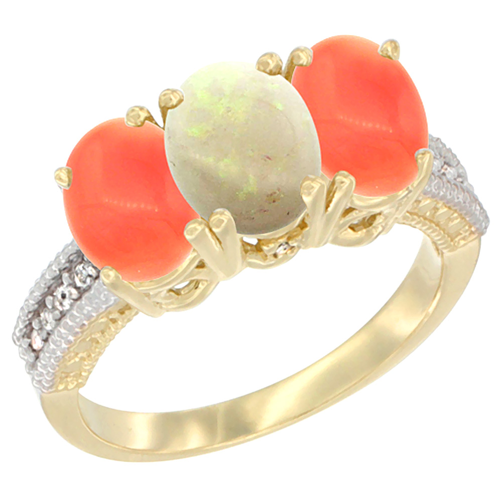 Sabrina Silver 14K Yellow Gold Natural Opal Ring with Coral 3-Stone 7x5 mm Oval Diamond Accent, sizes 5 - 10