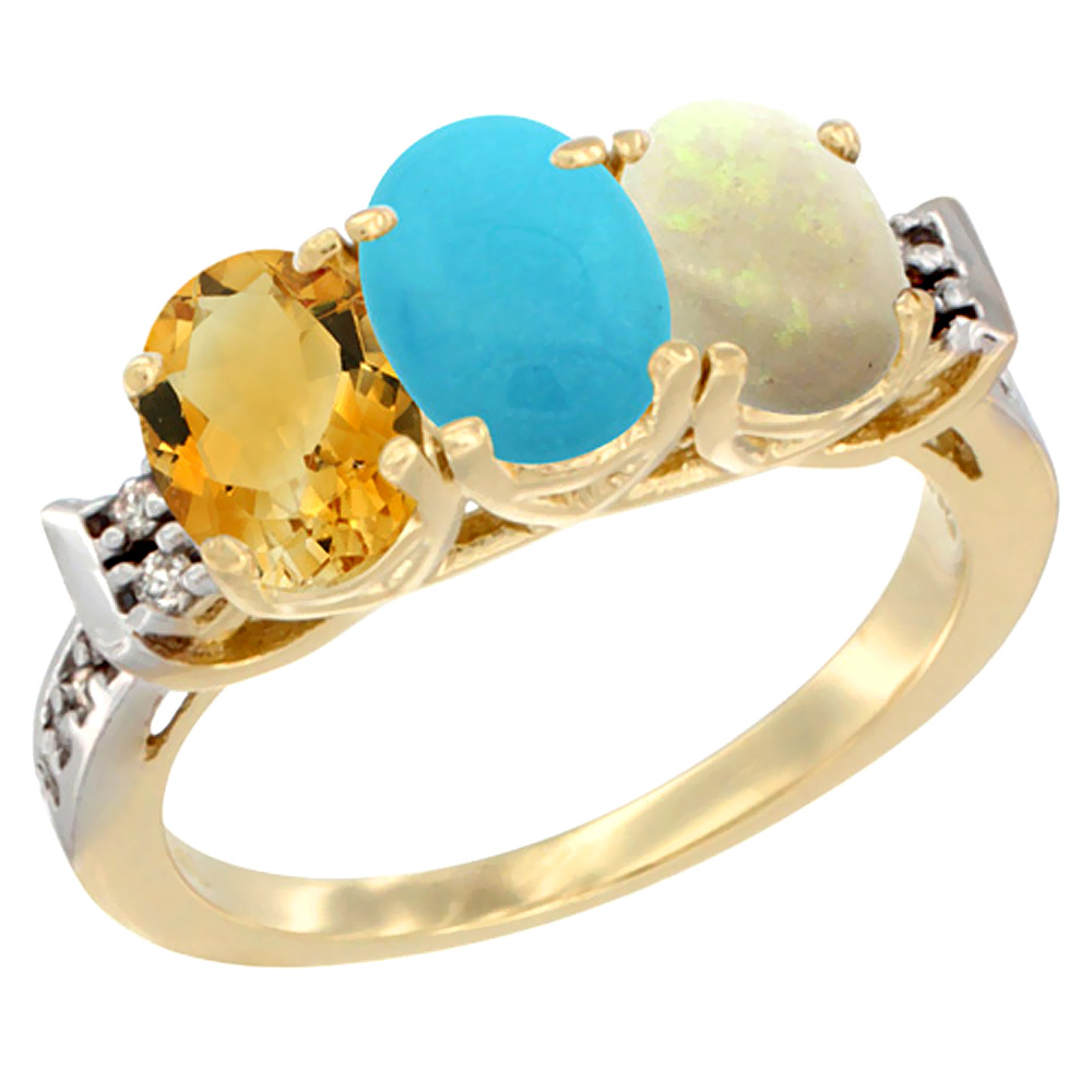 Sabrina Silver 14K Yellow Gold Natural Citrine, Turquoise & Opal Ring 3-Stone 7x5 mm Oval Diamond Accent, sizes 5 - 10