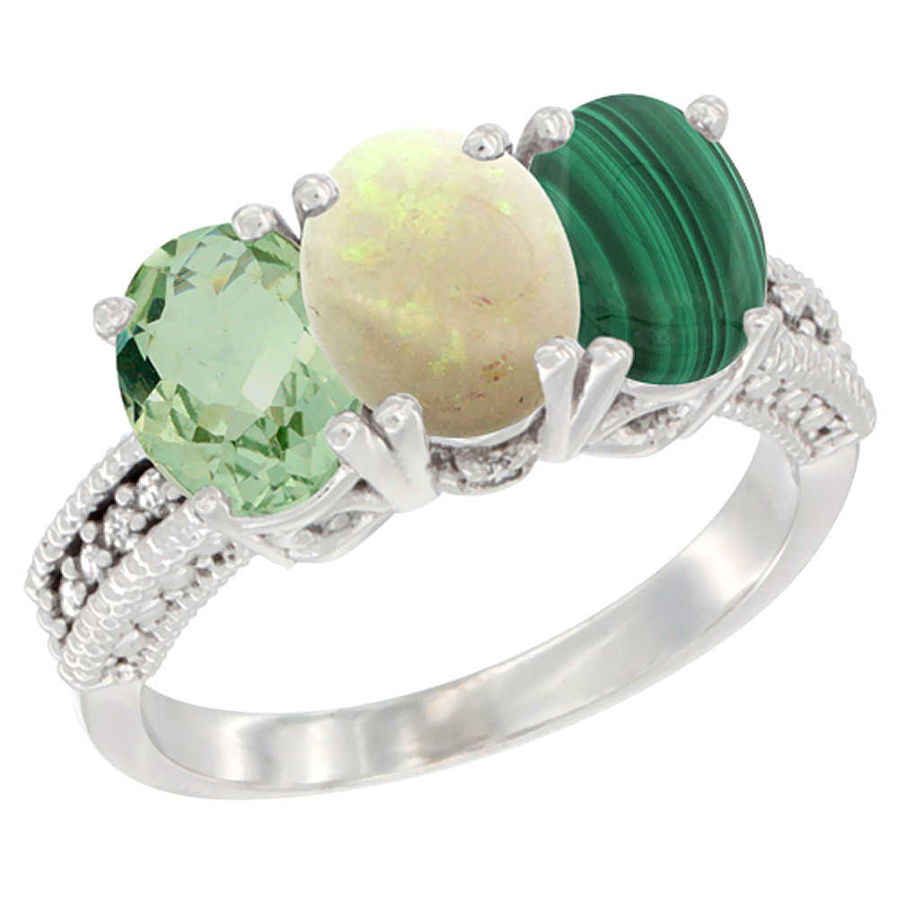 Sabrina Silver 14K White Gold Natural Green Amethyst, Opal & Malachite Ring 3-Stone 7x5 mm Oval Diamond Accent, sizes 5 - 10