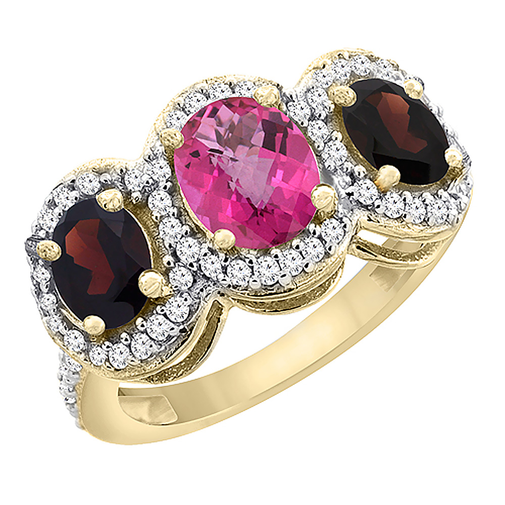 Sabrina Silver 14K Yellow Gold Natural Pink Topaz & Garnet 3-Stone Ring Oval Diamond Accent, sizes 5 - 10