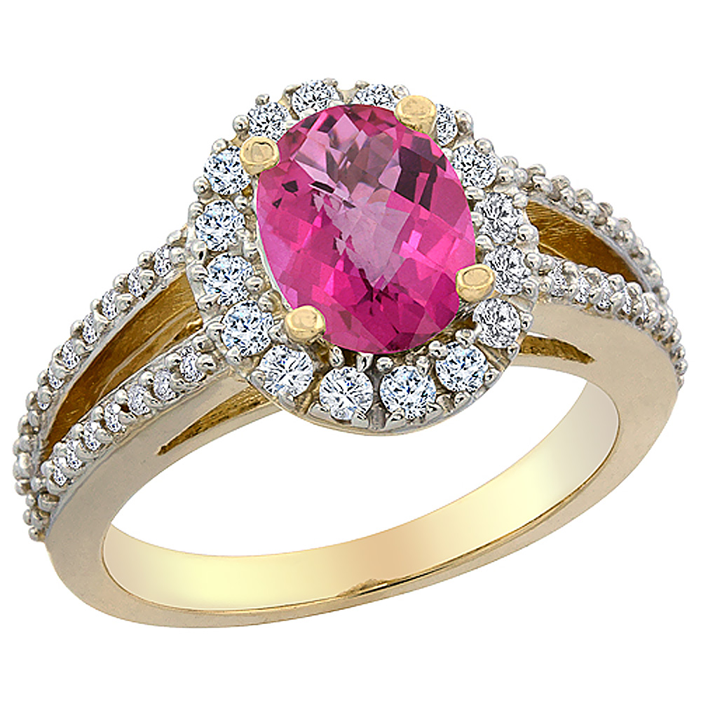 Sabrina Silver 10K Yellow Gold Natural Pink Topaz Halo Ring Oval 8x6 mm with Diamond Accents, sizes 5 - 10