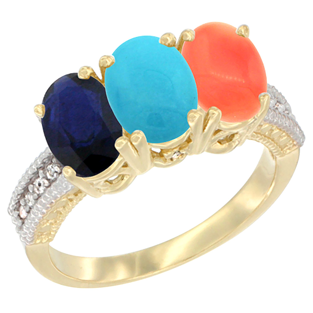 Sabrina Silver 10K Yellow Gold Diamond Natural Blue Sapphire, Turquoise & Coral Ring 3-Stone 7x5 mm Oval, sizes 5 - 10