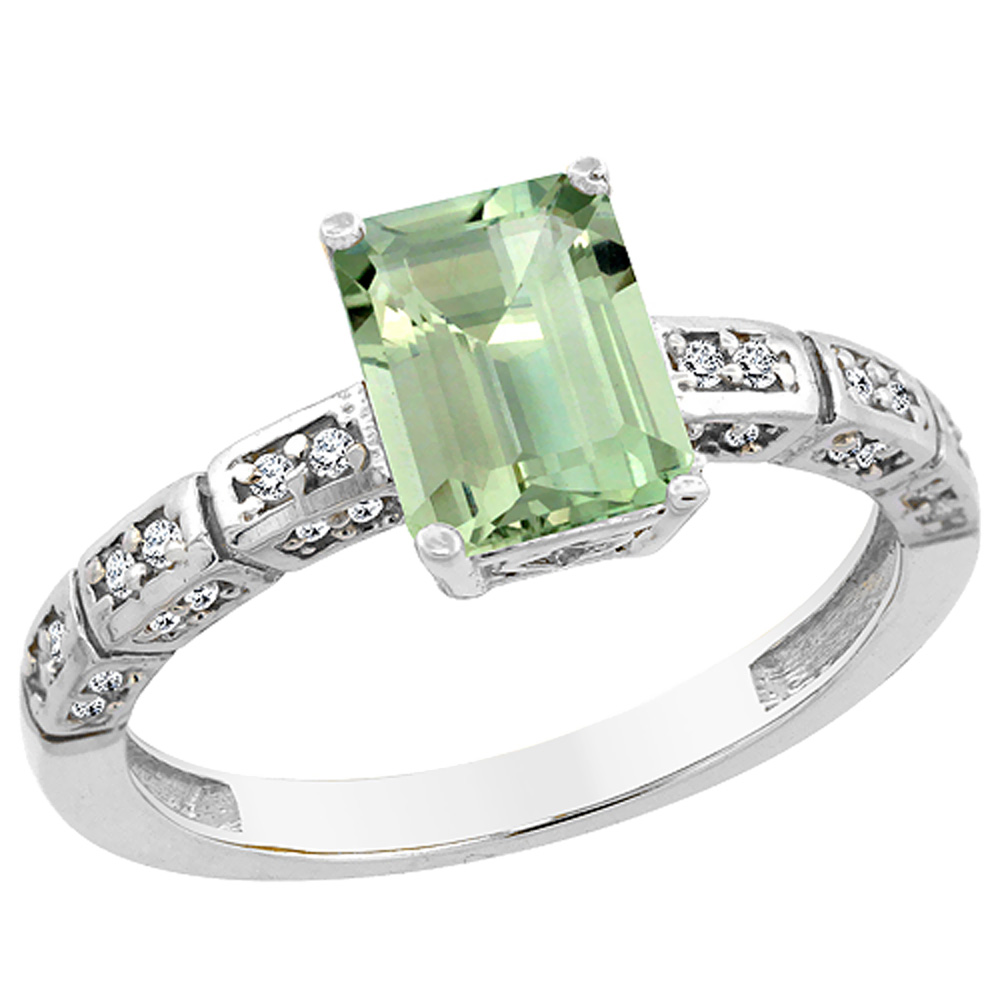 Sabrina Silver 14K White Gold Natural Green Amethyst Octagon 8x6 mm with Diamond Accents, sizes 5 - 10