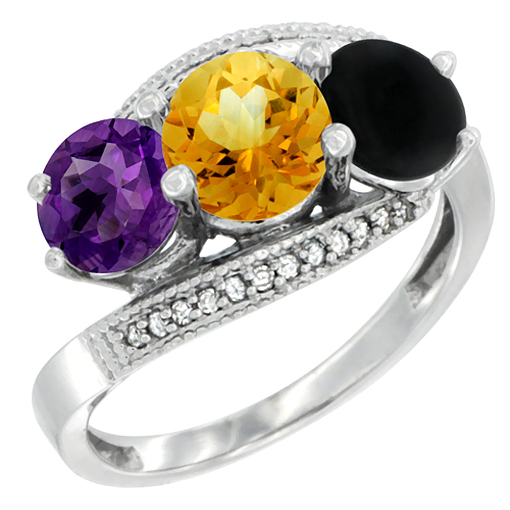 Sabrina Silver 14K White Gold Natural Amethyst, Citrine & Black Onyx 3 stone Ring Round 6mm Diamond Accent, sizes 5 - 10