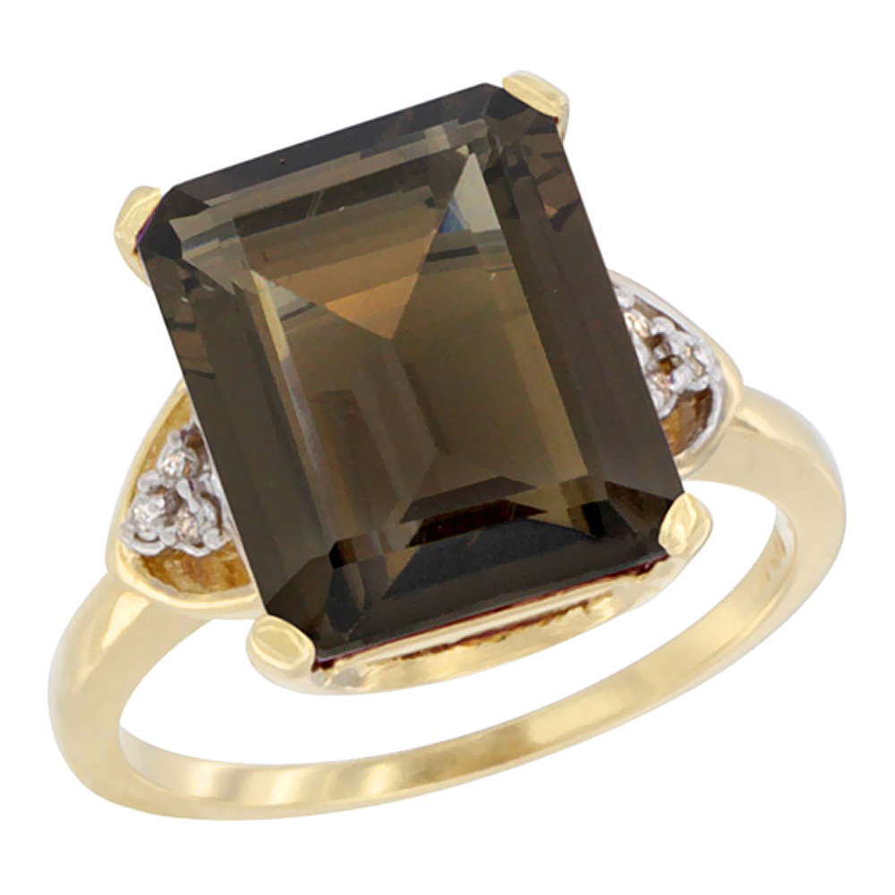 Sabrina Silver 10K Yellow Gold Diamond Natural Smoky Topaz Ring Octagon 12x10 mm, sizes 5-10