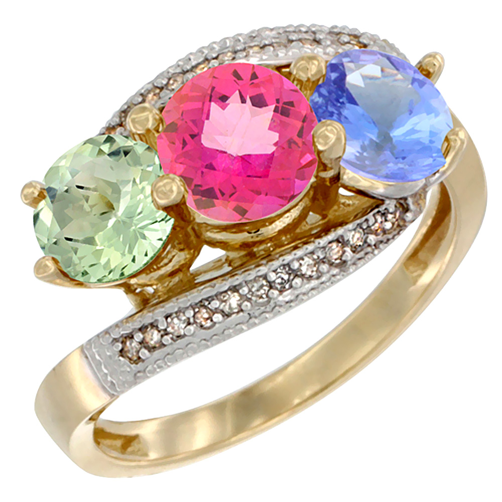 Sabrina Silver 14K Yellow Gold Natural Green Amethyst, Pink Topaz & Tanzanite 3 stone Ring Round 6mm Diamond Accent, sizes 5 - 10