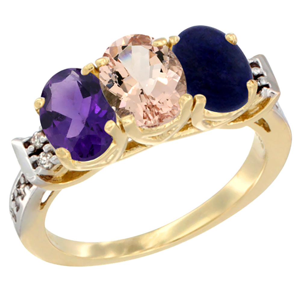 Sabrina Silver 10K Yellow Gold Natural Amethyst, Morganite & Lapis Ring 3-Stone Oval 7x5 mm Diamond Accent, sizes 5 - 10