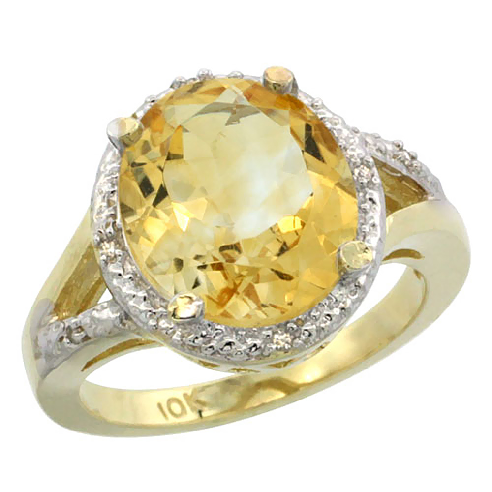 Sabrina Silver 10K Yellow Gold Natural Citrine Ring Oval 12x10mm Diamond Accent, sizes 5-10