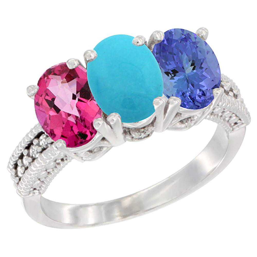 Sabrina Silver 14K White Gold Natural Pink Topaz, Turquoise & Tanzanite Ring 3-Stone 7x5 mm Oval Diamond Accent, sizes 5 - 10