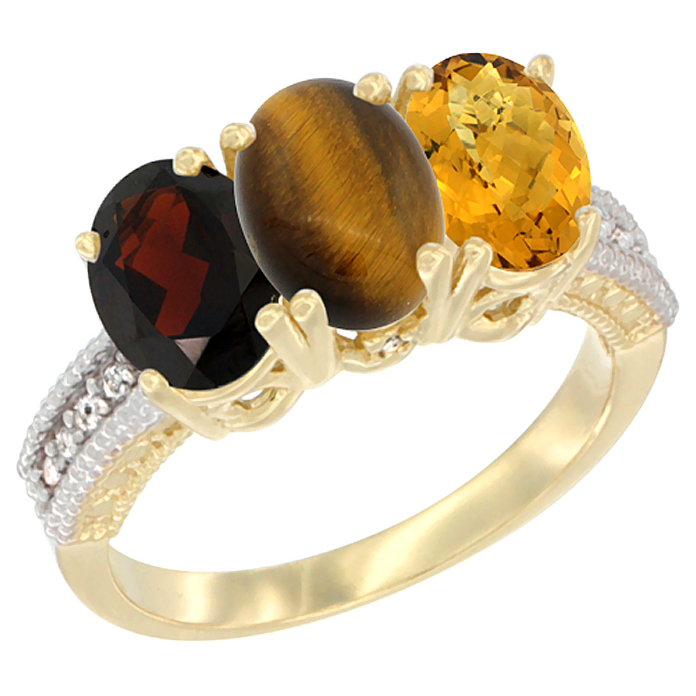 Sabrina Silver 10K Yellow Gold Diamond Natural Garnet, Tiger Eye & Whisky Quartz Ring 3-Stone 7x5 mm Oval, sizes 5 - 10