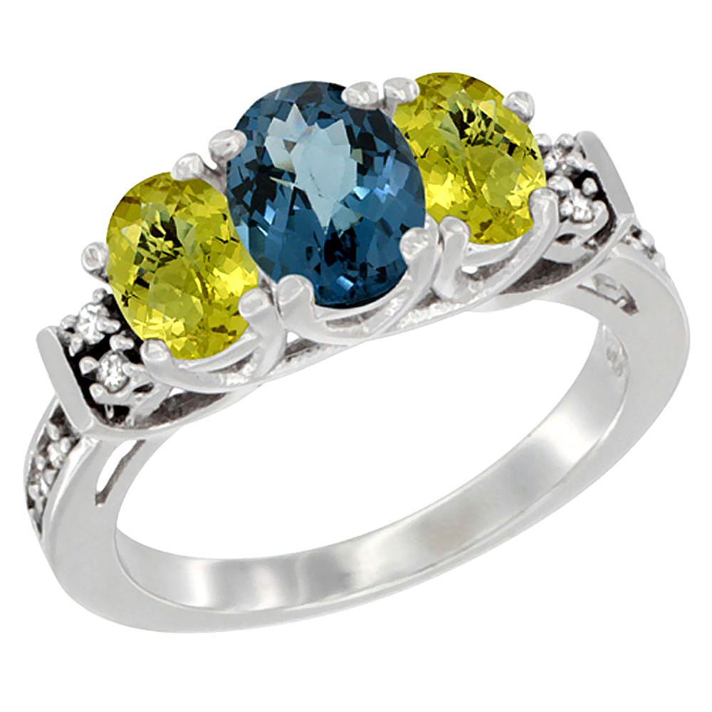 Sabrina Silver 10K White Gold Natural London Blue Topaz & Lemon Quartz Ring 3-Stone Oval Diamond Accent, sizes 5-10