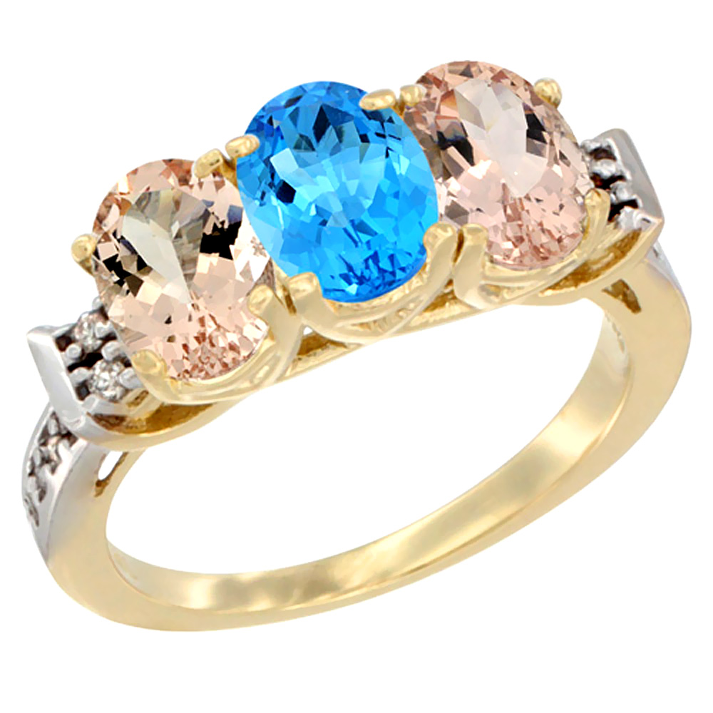 Sabrina Silver 10K Yellow Gold Natural Swiss Blue Topaz & Morganite Sides Ring 3-Stone Oval 7x5 mm Diamond Accent, sizes 5 - 10