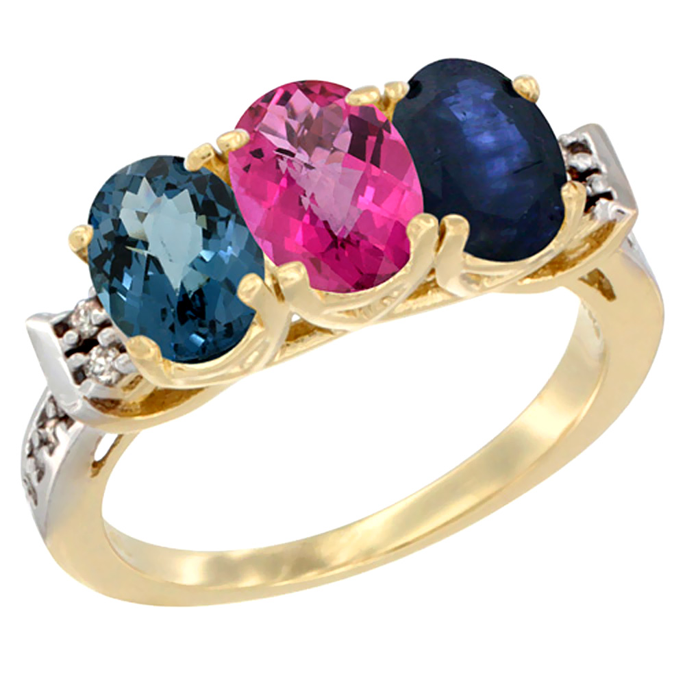 Sabrina Silver 10K Yellow Gold Natural London Blue Topaz, Pink Topaz & Blue Sapphire Ring 3-Stone Oval 7x5 mm Diamond Accent, sizes 5 - 10