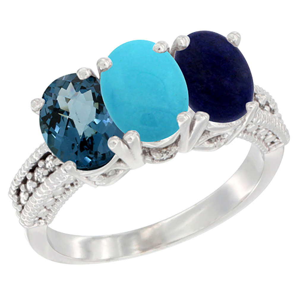 Sabrina Silver 10K White Gold Natural London Blue Topaz, Turquoise & Lapis Ring 3-Stone Oval 7x5 mm Diamond Accent, sizes 5 - 10