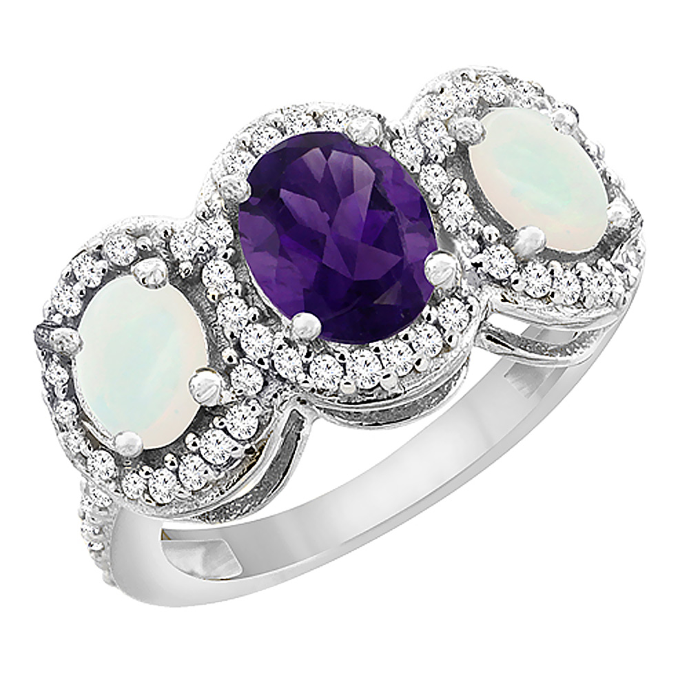 Sabrina Silver 14K White Gold Natural Amethyst & Opal 3-Stone Ring Oval Diamond Accent, sizes 5 - 10