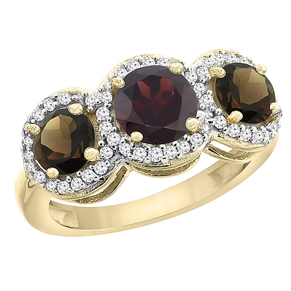 Sabrina Silver 14K Yellow Gold Natural Garnet & Smoky Topaz Sides Round 3-stone Ring Diamond Accents, sizes 5 - 10