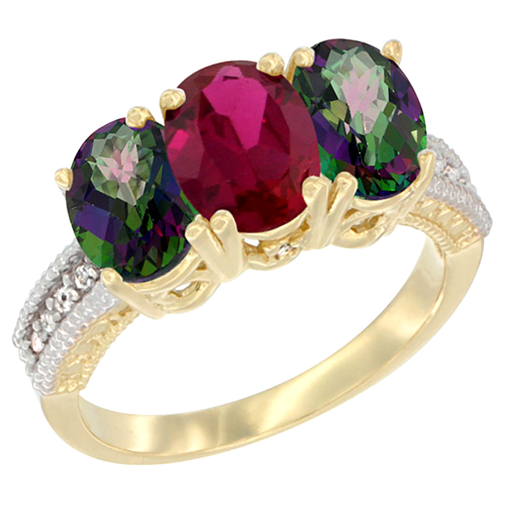 Sabrina Silver 14K Yellow Gold Enhanced Ruby & Natural Mystic Topaz Ring 3-Stone 7x5 mm Oval Diamond Accent, sizes 5 - 10