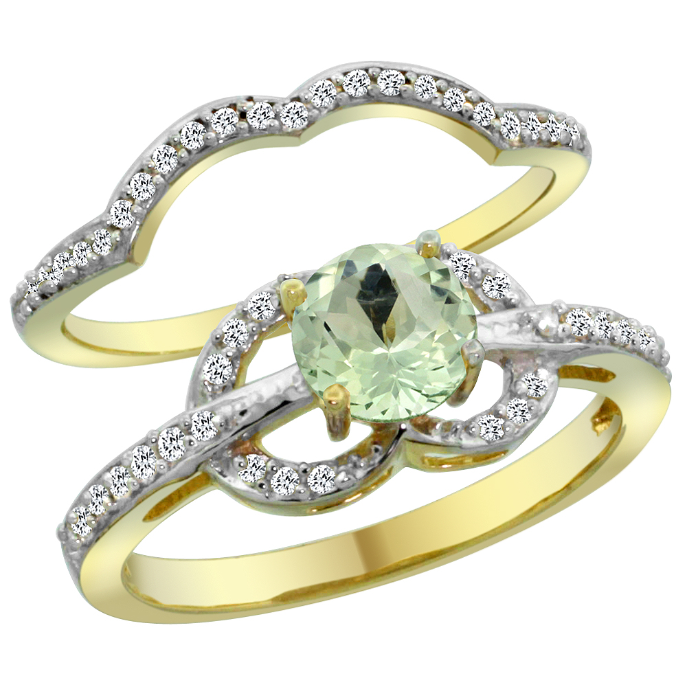 Sabrina Silver 14K Yellow Gold Natural Green Amethyst 2-piece Engagement Ring Set Round 6mm, sizes 5 - 10