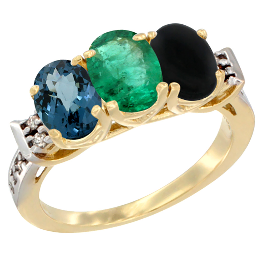 Sabrina Silver 10K Yellow Gold Natural London Blue Topaz, Emerald & Black Onyx Ring 3-Stone Oval 7x5 mm Diamond Accent, sizes 5 - 10