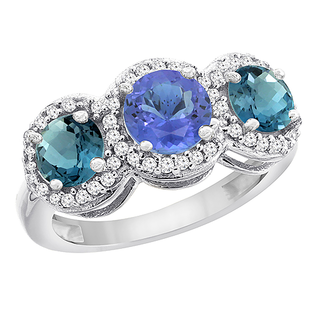 Sabrina Silver 10K White Gold Natural Tanzanite & London Blue Topaz Sides Round 3-stone Ring Diamond Accents, sizes 5 - 10