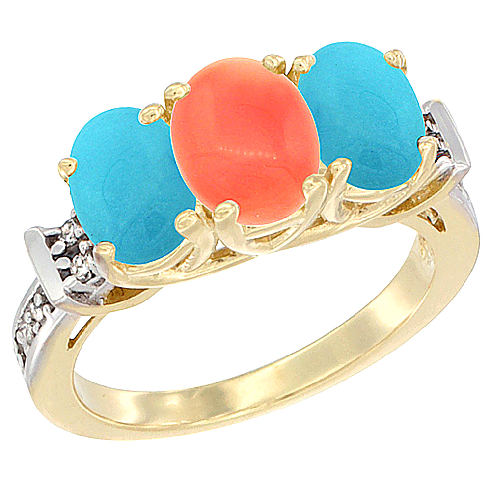 Sabrina Silver 10K Yellow Gold Natural Coral & Turquoise Sides Ring 3-Stone Oval Diamond Accent, sizes 5 - 10