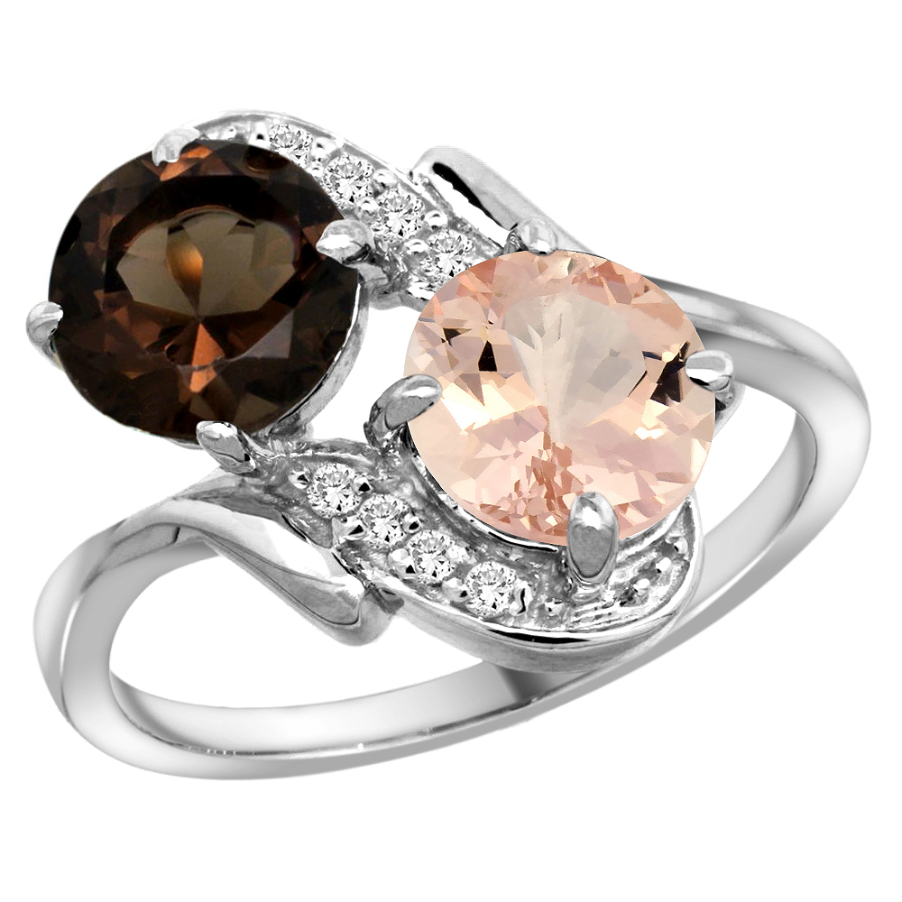 Sabrina Silver 10K White Gold Diamond Natural Smoky Topaz & Morganite Mother"s Ring Round 7mm, 3/4 inch wide, sizes 5 - 10