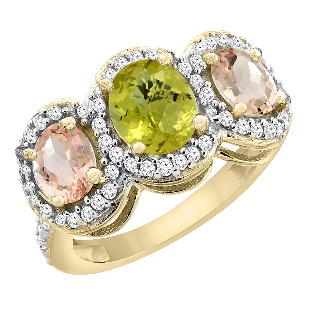 Sabrina Silver 10K Yellow Gold Natural Lemon Quartz & Morganite 3-Stone Ring Oval Diamond Accent, sizes 5 - 10