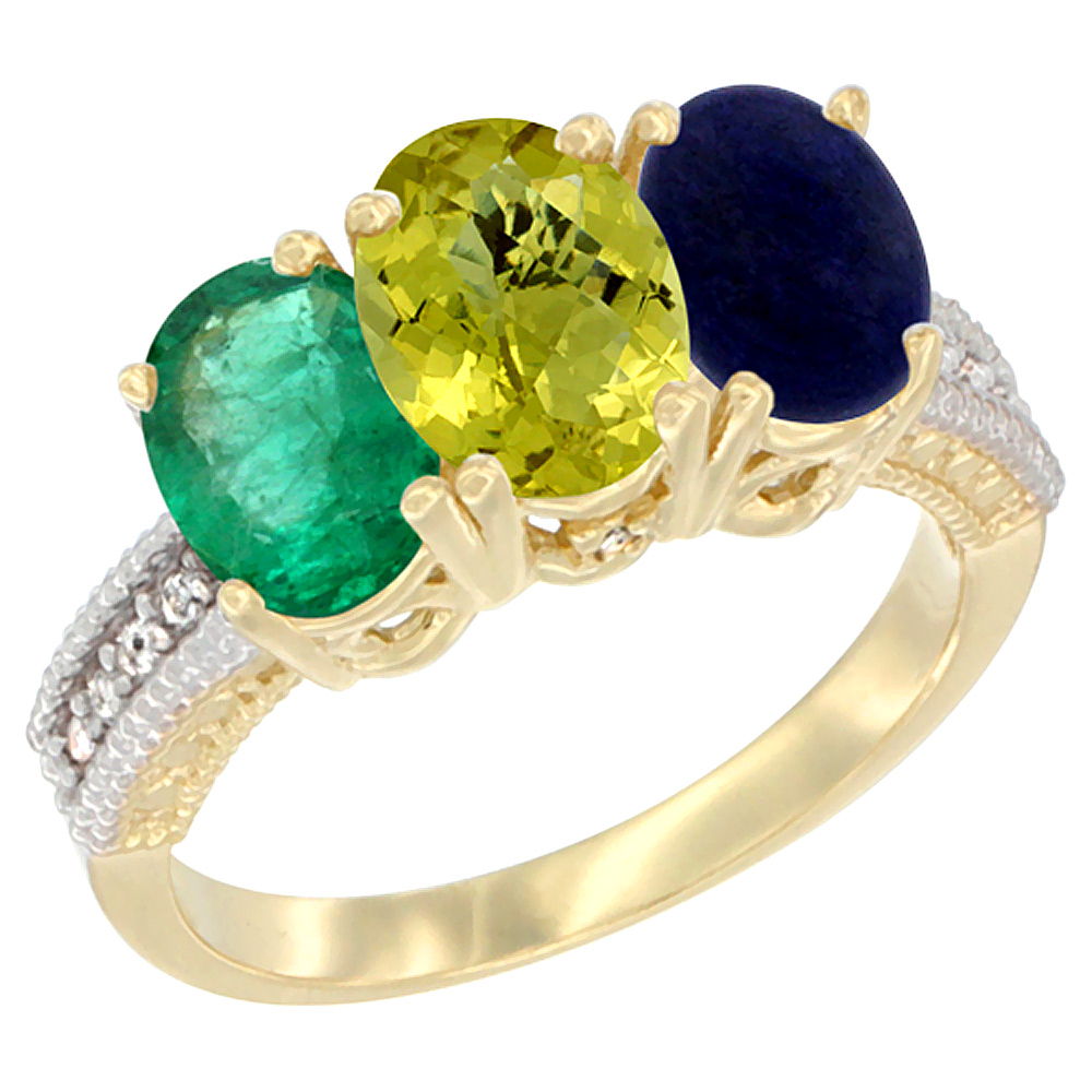 Sabrina Silver 10K Yellow Gold Diamond Natural Emerald, Lemon Quartz & Lapis Ring 3-Stone 7x5 mm Oval, sizes 5 - 10