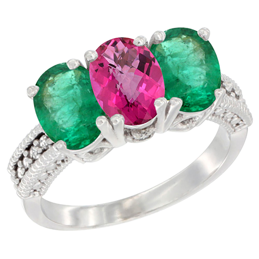 Sabrina Silver 14K White Gold Natural Pink Topaz & Emerald Sides Ring 3-Stone 7x5 mm Oval Diamond Accent, sizes 5 - 10
