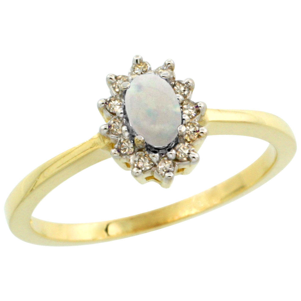 Sabrina Silver 14K Yellow Gold Natural Opal Ring Oval 5x3mm Diamond Halo, sizes 5-10