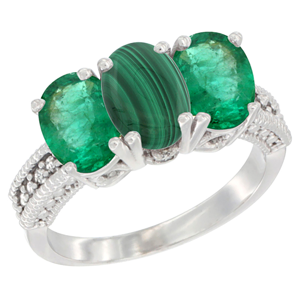Sabrina Silver 14K White Gold Natural Malachite & Emerald Sides Ring 3-Stone 7x5 mm Oval Diamond Accent, sizes 5 - 10