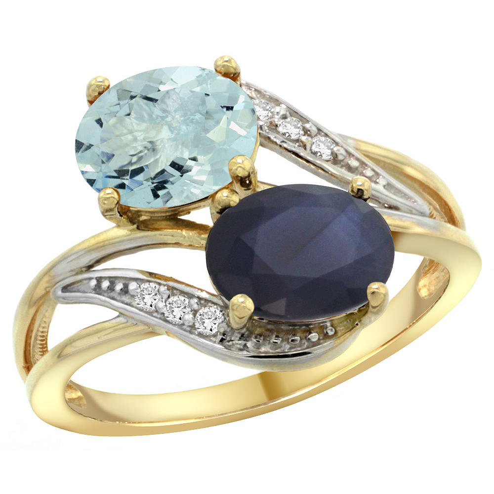 Sabrina Silver 14K Yellow Gold Diamond Natural Aquamarine & Blue Sapphire 2-stone Ring Oval 8x6mm, sizes 5 - 10