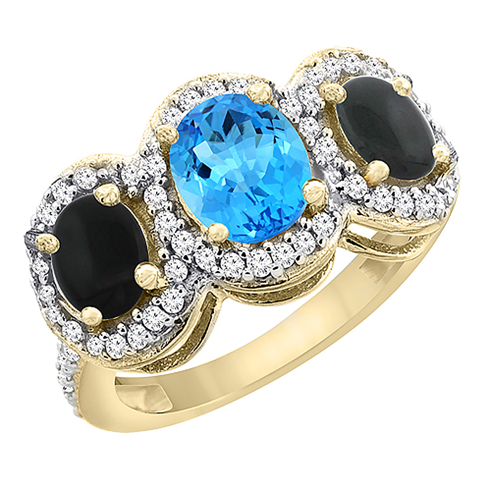 Sabrina Silver 10K Yellow Gold Natural Swiss Blue Topaz & Black Onyx 3-Stone Ring Oval Diamond Accent, sizes 5 - 10